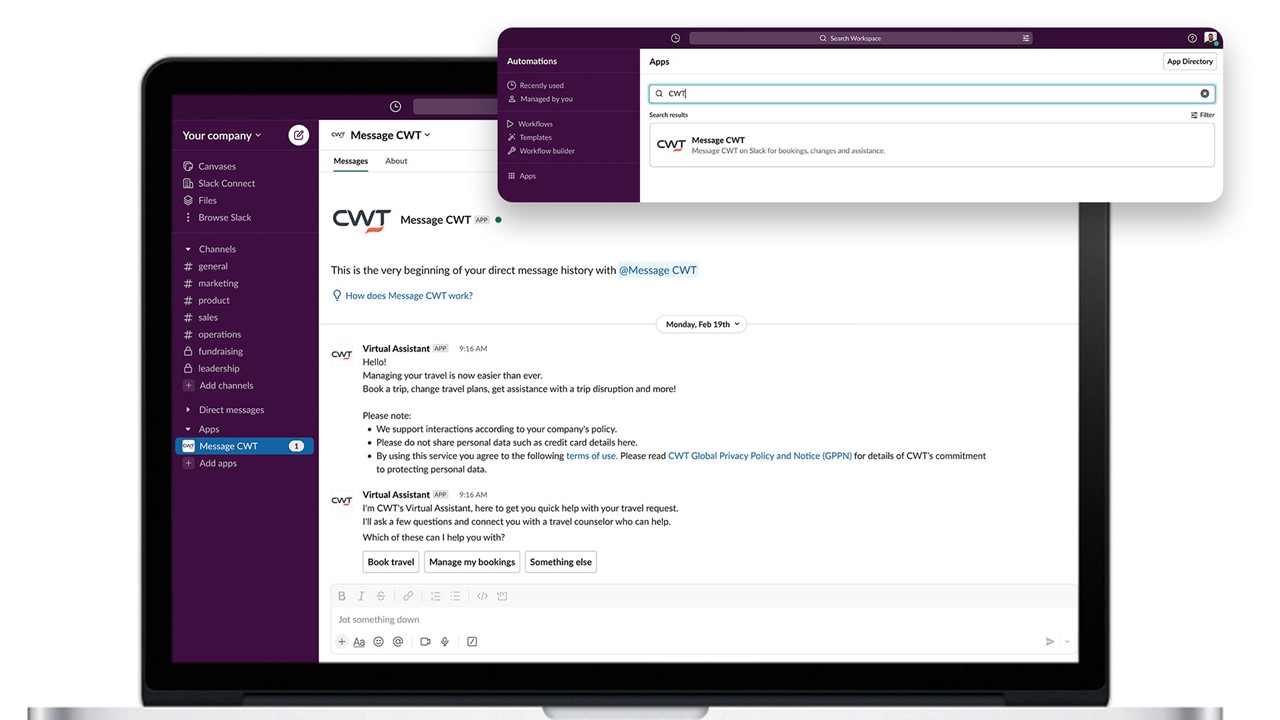 CWT makes messaging support available through Slack
