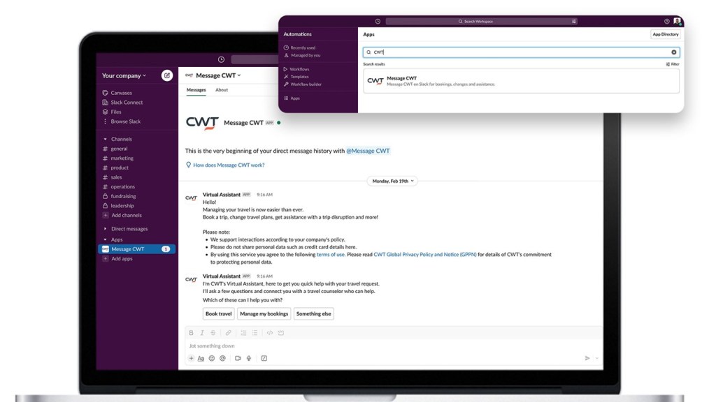 CWT makes messaging support available through Slack